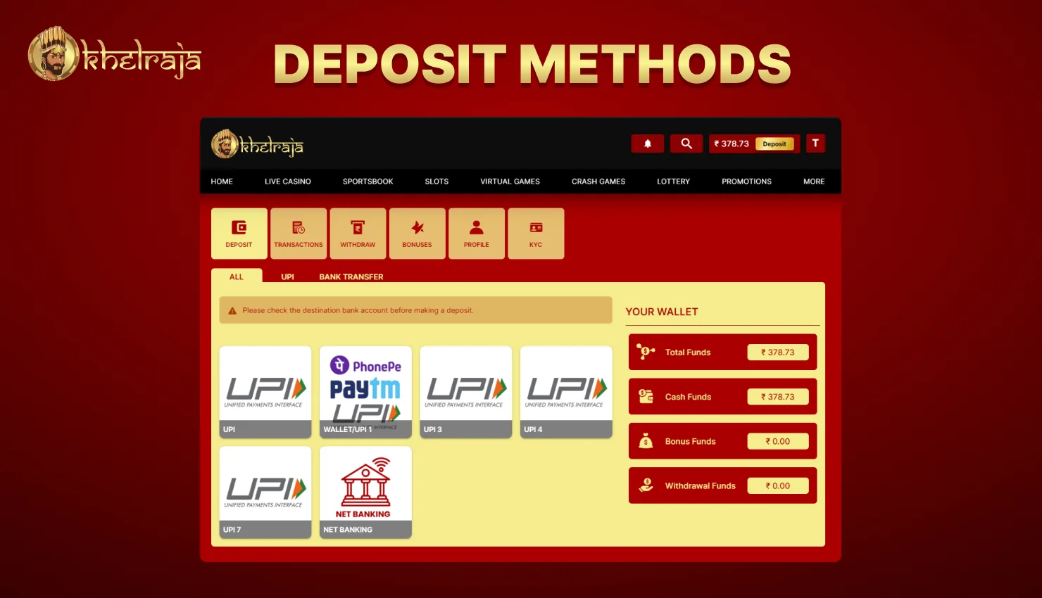 Deposit Page to display the methods of payments