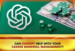 chatgpt logo with green dice and money and poker chips on green casino table