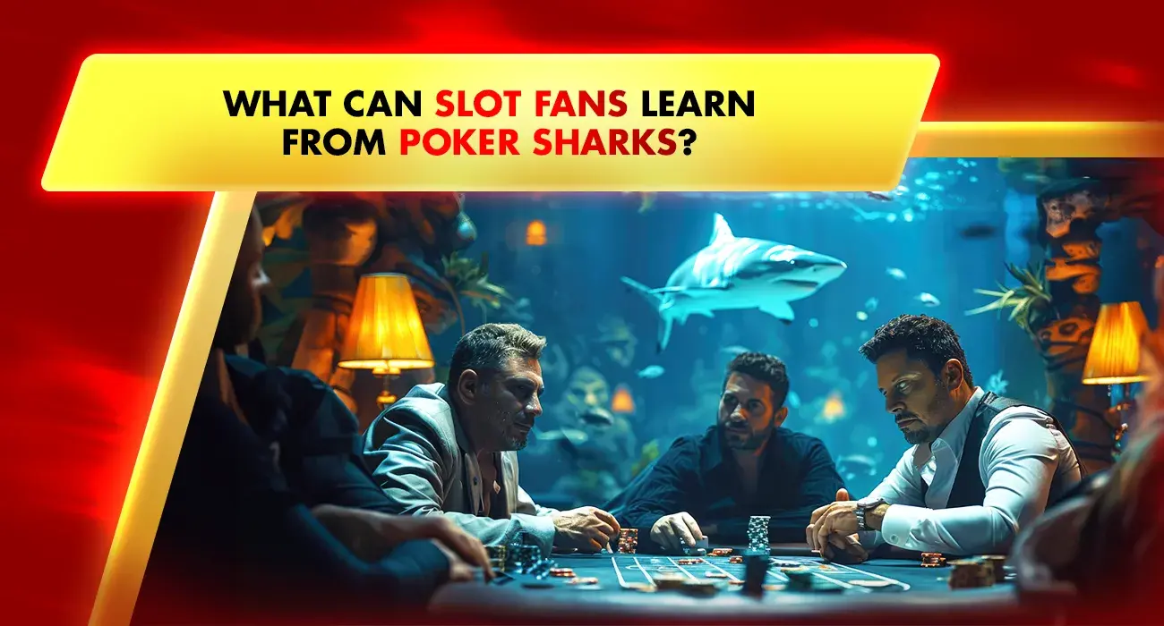 poker sharks playing on a table with poker chips and an aquarium of sharks behind them
