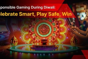 diwali decoration in front of woman playing with casino slot machines