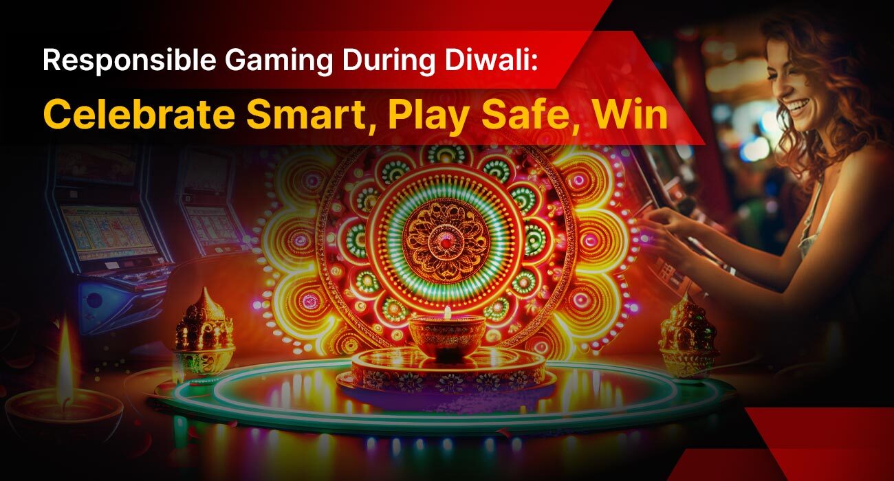 diwali decoration in front of woman playing with casino slot machines