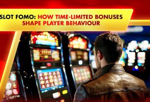 slots game machines facing a man wearing a brown leather jacket
