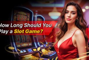woman in red dress standing in front of slots game machines