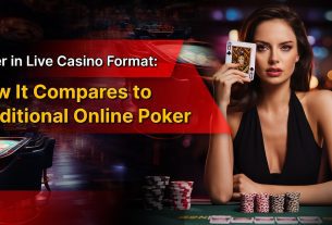 woman holding a playing card in front of a live casino poker table with stacked chips