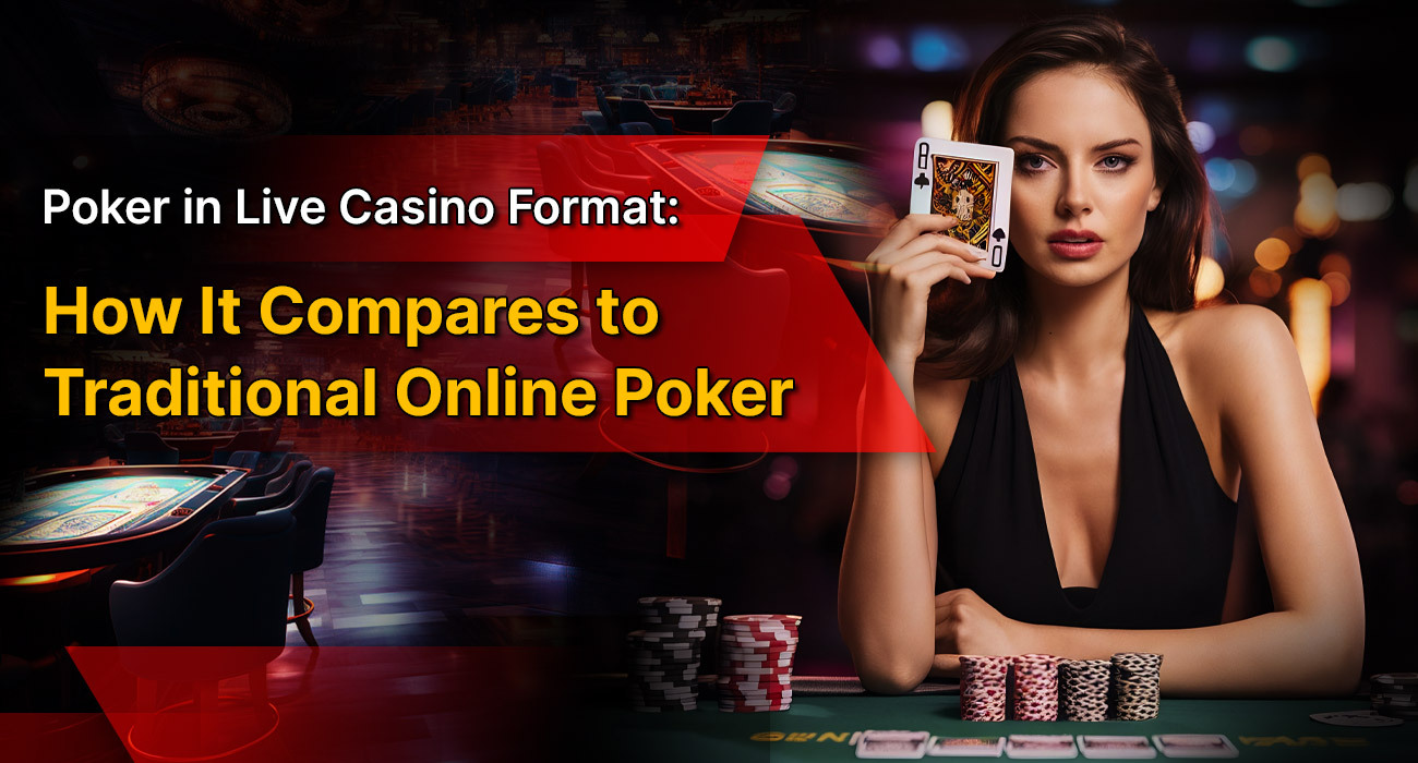 woman holding a playing card in front of a live casino poker table with stacked chips