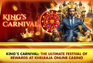 man sitting on a throne with a wheel of luck behind him, a floating crown, red background, king's carnival on khelraja online casino