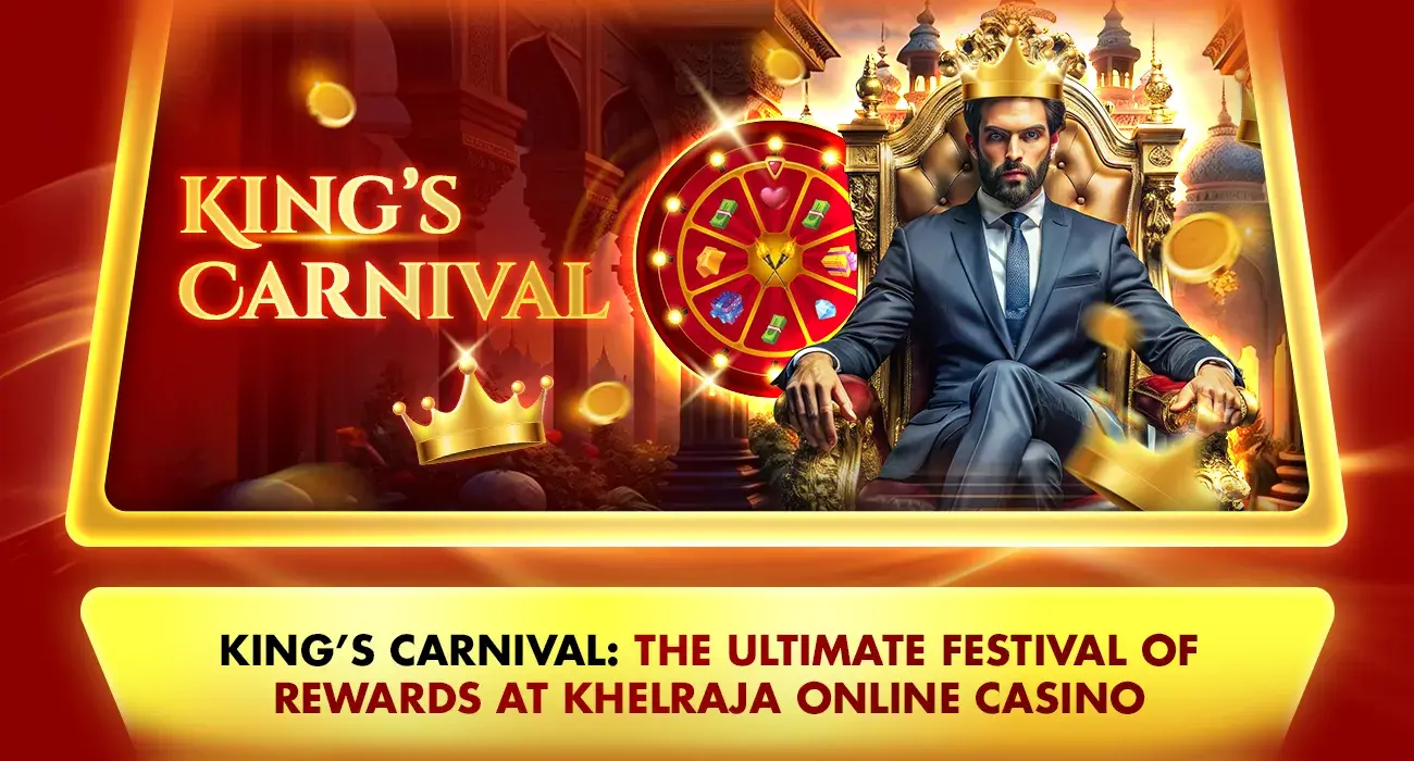 man sitting on a throne with a wheel of luck behind him, a floating crown, red background, king's carnival on khelraja online casino