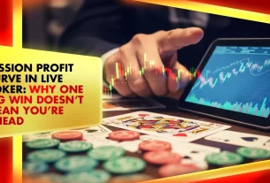 chips and cards beside a screen that tracks live poker session profit curve