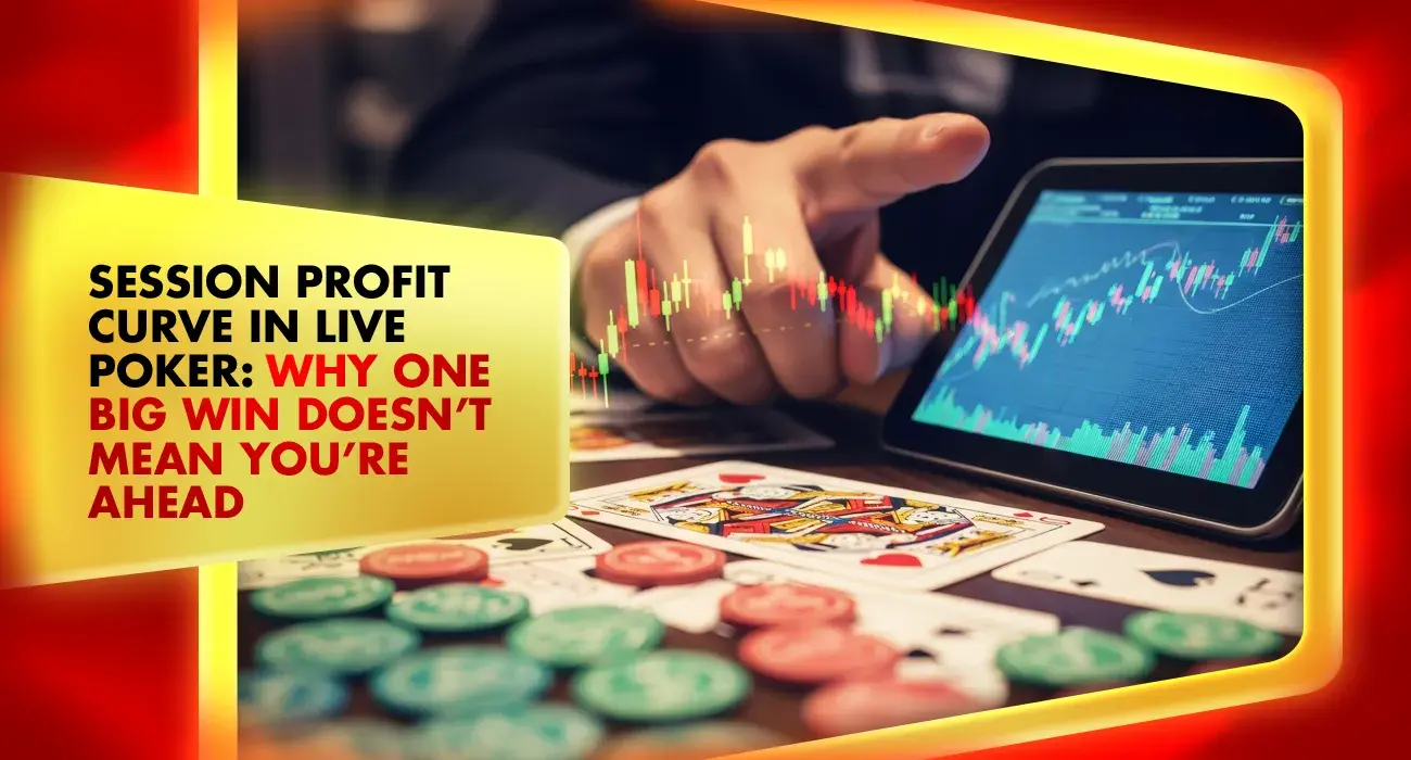chips and cards beside a screen that tracks live poker session profit curve