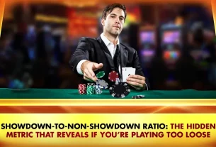 photo of a man in front of a live online poker table holding cards in front of a stack of chips