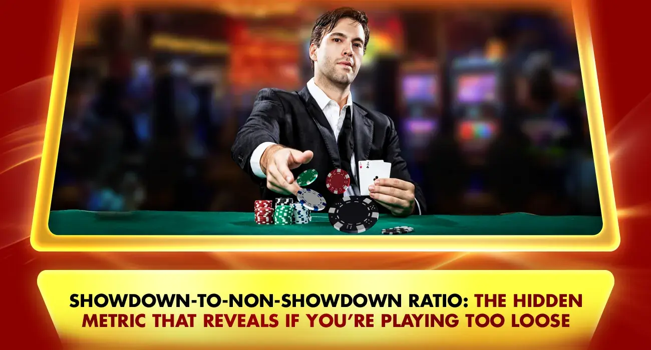 photo of a man in front of a live online poker table holding cards in front of a stack of chips