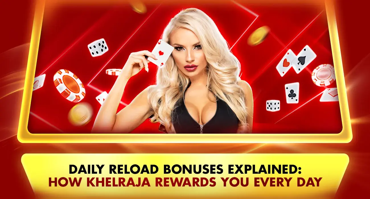 woman holding cards and celebrating khelraja daily reload bonus