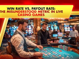 player and dealers around a live casino table filled with chips and cards