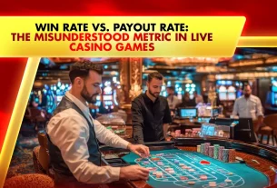 player and dealers around a live casino table filled with chips and cards