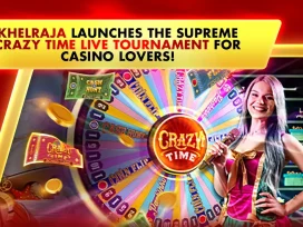 khelraja crazy time live tournament announcement with host and spinning wheel