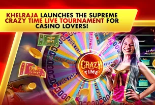 khelraja crazy time live tournament announcement with host and spinning wheel